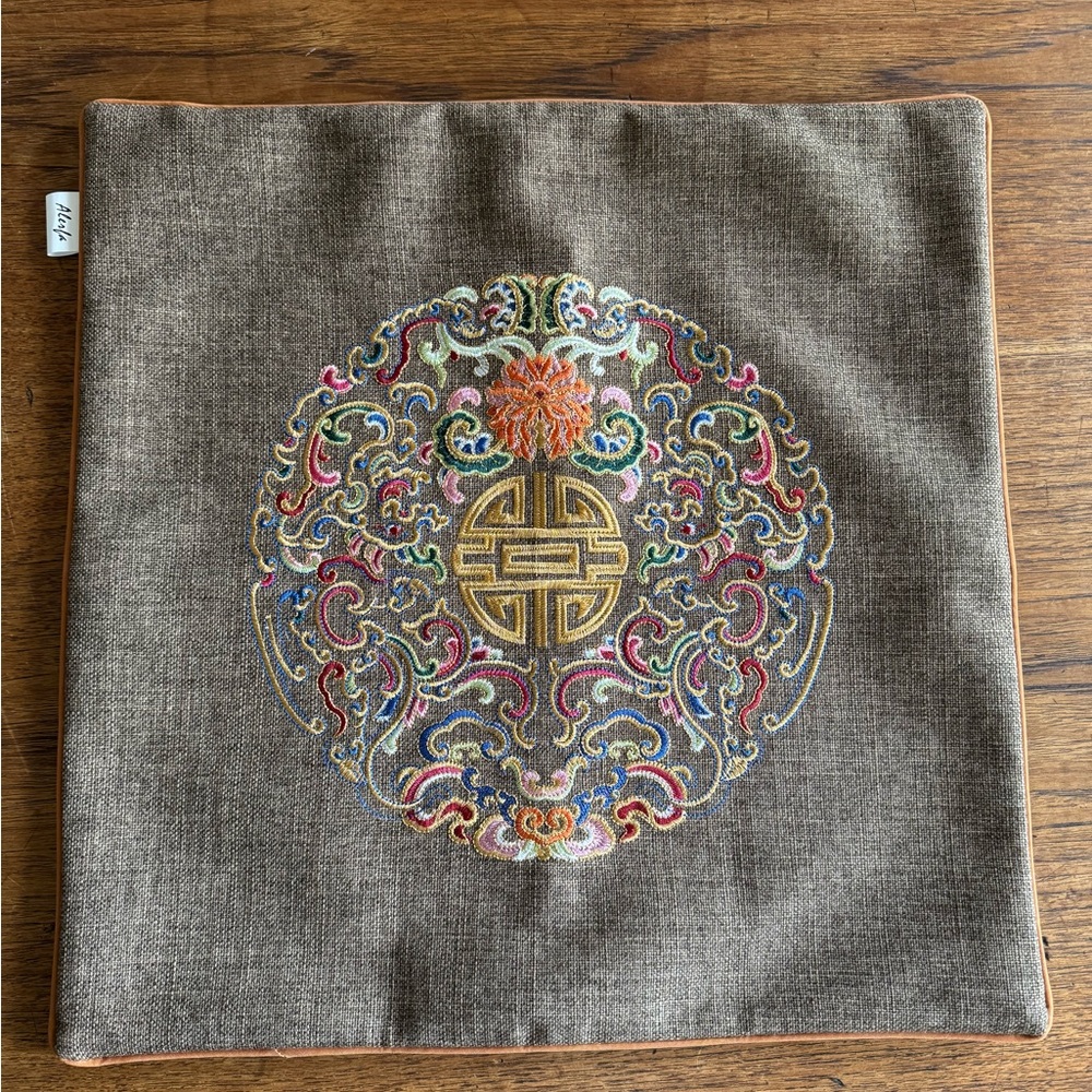 Earthen Embroidered Longevity Motif Chinese Linen Pillow